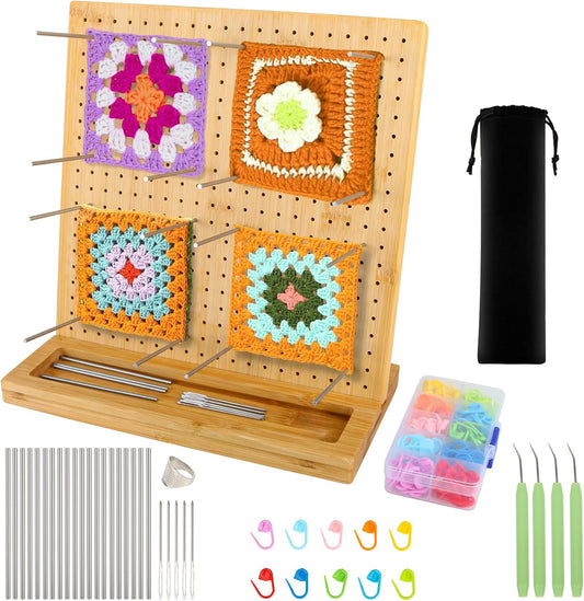 iHansee 11" Crochet Blocking Board with 20 Pegs, 200 Stitch Markers, Bamboo Granny Square Blocking Boards for Crochet Projects, Knitting Crocheting Accessories Kit, Gifts for Crocheters