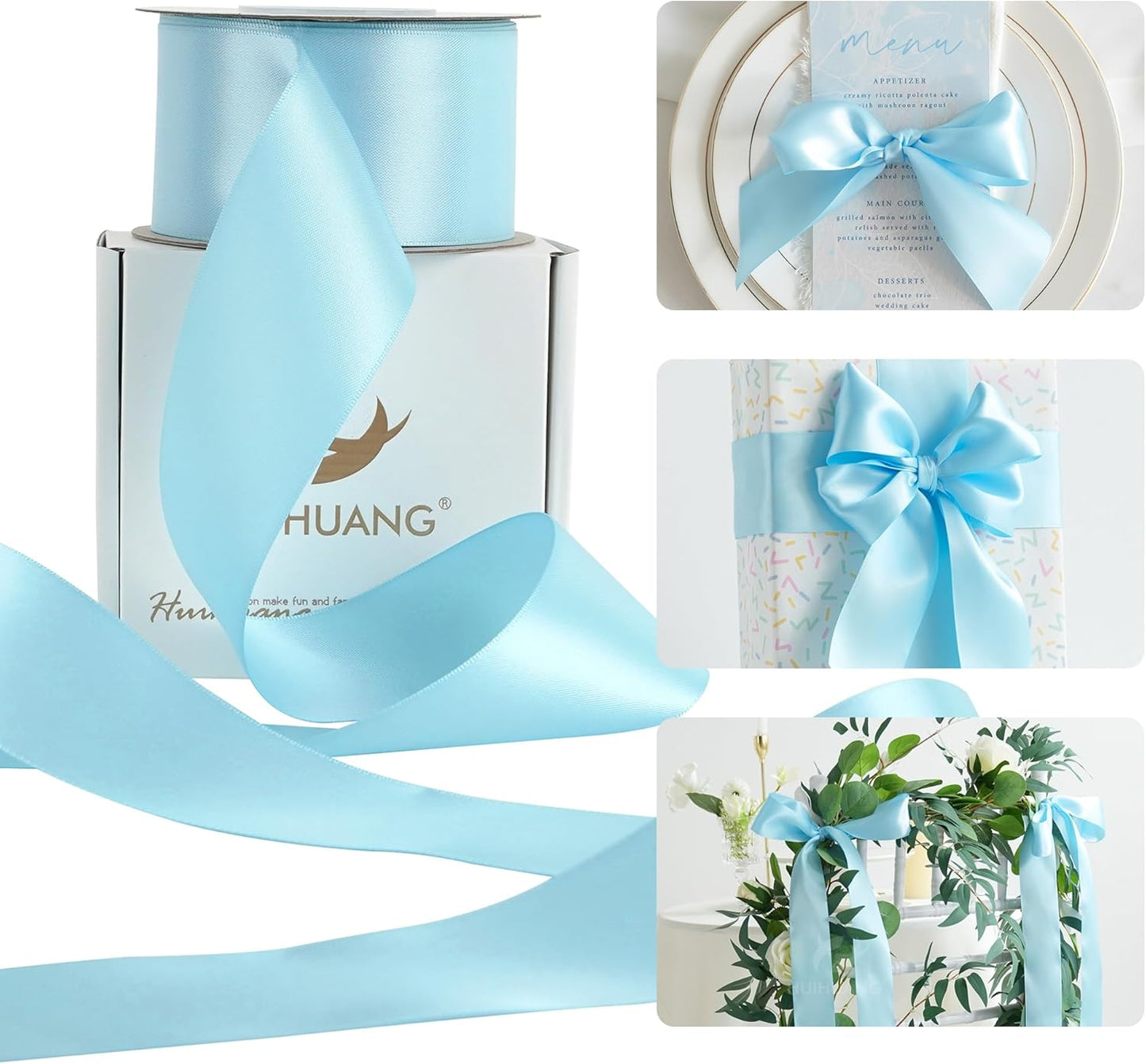 HUIHUANG Baby Blue Ribbon 2 inch Wide Double Faced Satin Ribbon Light Blue Ribbon for Gift Wrapping, Bows Making, Flower Bouquet, DIY Crafts, Baby Shower, Holiday Party Decor-25 Yards/Roll