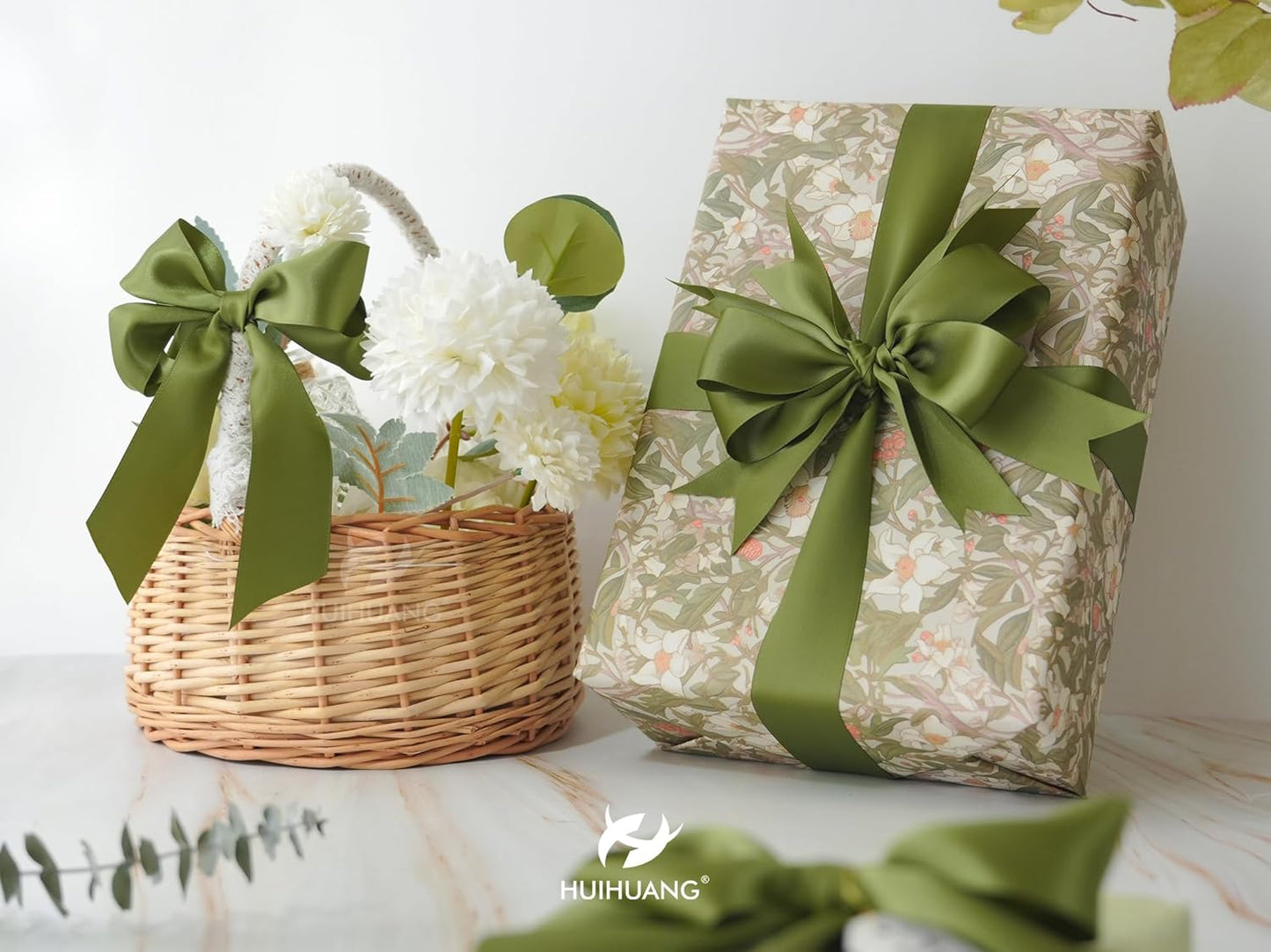 HUIHUANG Green Satin Ribbon 1-1/2 inch x 100 Yards Moss Green Double-Faced Satin Ribbon for Flower Bouquet, Gift Wrapping, Eternal Roses, DIY Crafts, Bridal Shower Wedding Decor