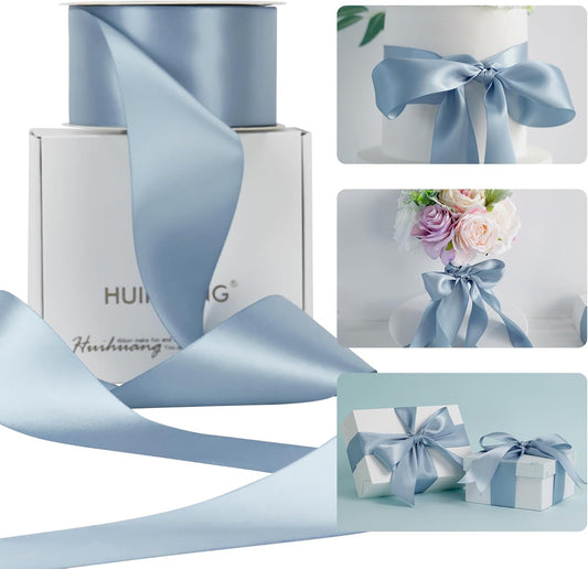 HUIHUANG French Blue Ribbon 2 inch Wide Double-Faced Blue Satin Ribbon for Crafts, Bows Making, Flower Bouquet Wrap, Gift Wrapping, Wedding Bridal Shower Decor, Home Decor -25 Yards/Roll