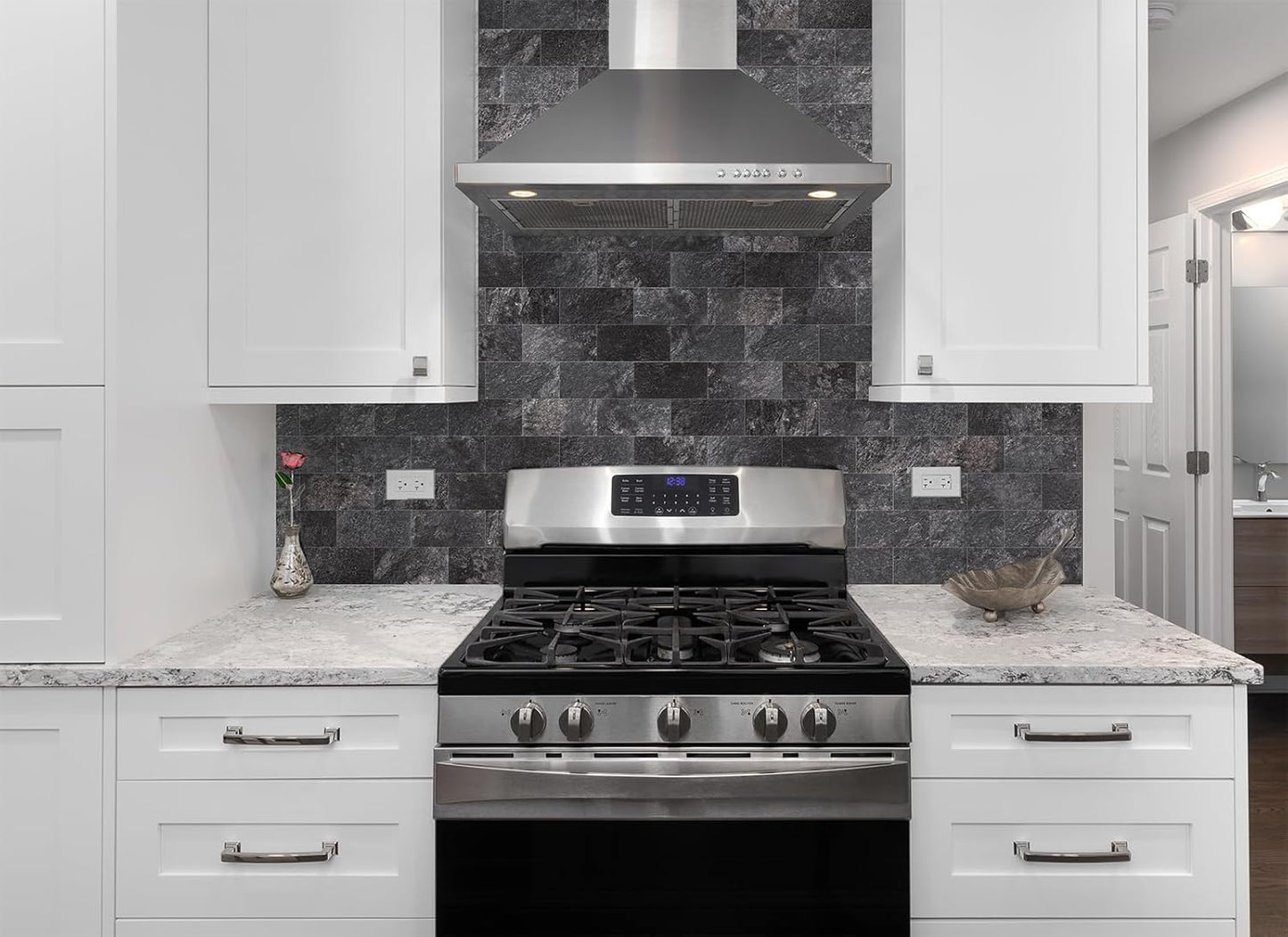 100 Pieces Peel and Stick Backsplash for Kitchen, 3" x 6" PVC Subway Tile 2025 Upgraded Graphite Stone Backsplash Stick on Tile Elevate Kitchen Fireplace RV