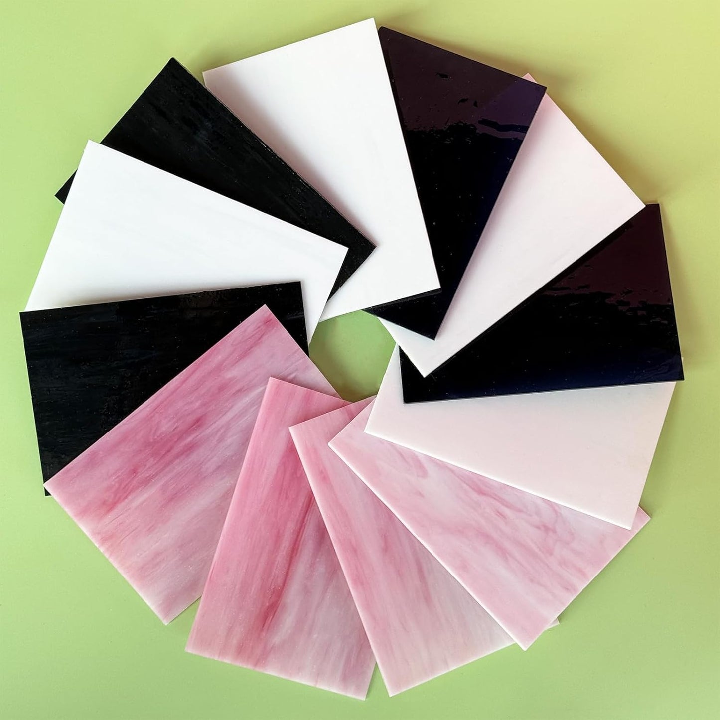 ILLUCKAI 12 Sheets Black + White +Pink Stained Glass Sheets, 4 x 6 inch Stained Glass Supplies Mosaic Glass Pieces Tiles for Mosaic Art Crafts