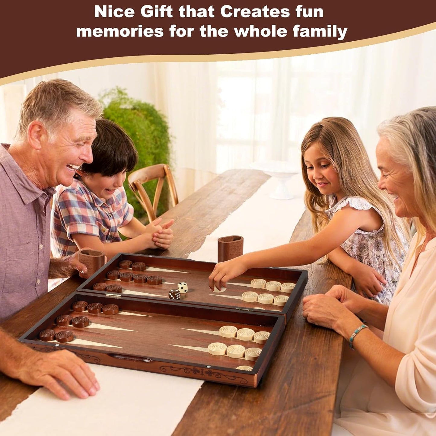 Handcrafted Wooden Backgammon Set - 16x15.3inch, Oversized Pieces, Intricate Carvings, Premium Travel Game Board for Adults & Kids (Star)