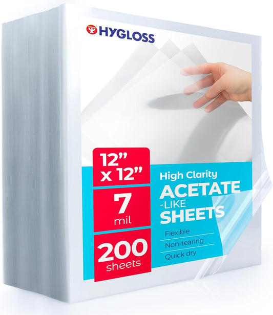 Hygloss 12" x 12" Acetate Paper - 7 Mil Clear Acetate Sheets for Crafts Projects, Cricut Stencil Sheets, Classroom Stencil Sheets, Reusable Transparent Clear Plastic Sheet (Not for Printers) 200 Pack
