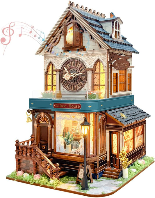 3D Wooden Puzzles - Miniature Cuckoo Clock House Kit, DIY Wooden Building Set for Adults and Teens, Mini Model Kit with 3-Mode Touch Switch - Cuckoo House (SQ-61)