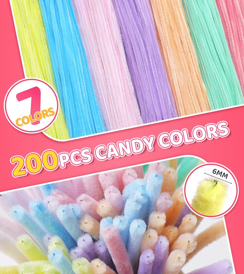 IOOLEEM Pipe Cleaners,200pcs in 7 Colors, Pastel Pipe Cleaners, Macaron Candy Colors, Chenille Stems for Art and Craft Projects, Flower DIY Decorations