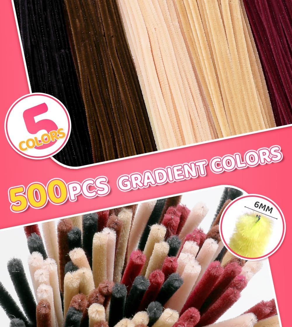 IOOLEEM Brown Pipe Cleaners,500pcs in 5 Colors, Chenille Stems for Art and Craft Projects, Flower DIY Decorations