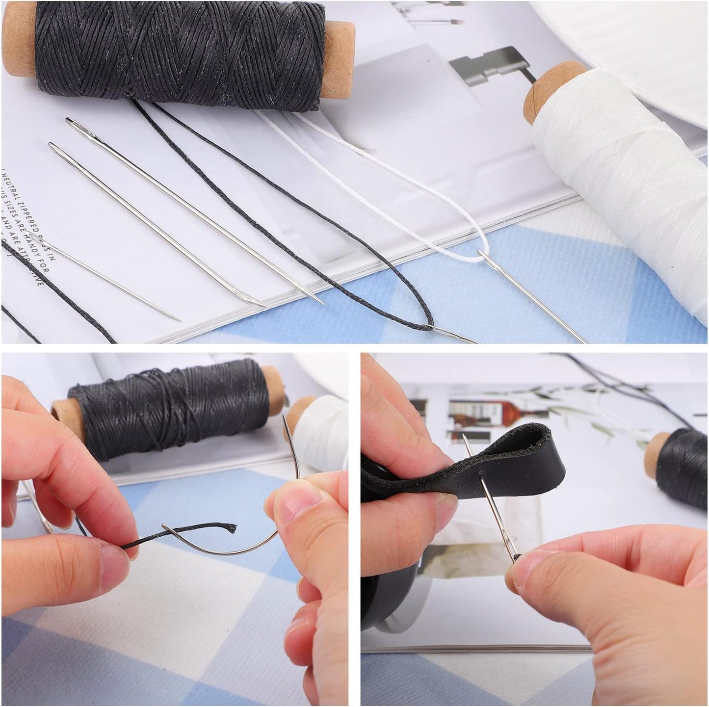 110Yards Waxed Thread with 7 Pcs Leather Needles for Hand Sewing - 150D Flat Waxed Thread - Leather Repair Needles for Upholstery, Canvas Bags, Furniture