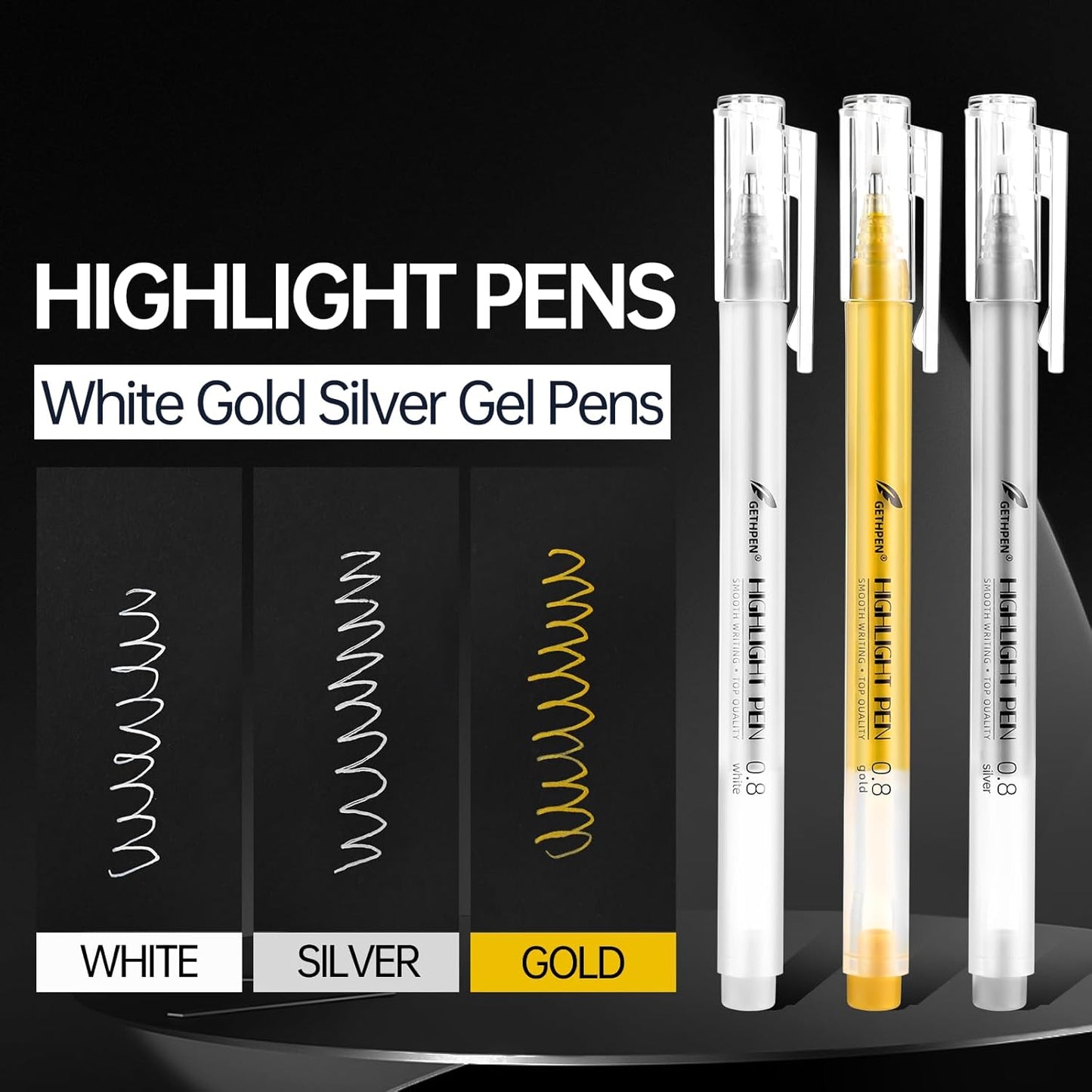 0.8mm Gold Gel Pens 3-Pack – Extra Fine Point Opaque Ink for Black Paper Drawing, Sketching, Bullet Journaling & Holiday Card Design