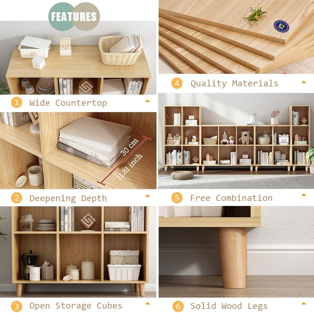 IOTXY Open Cube Low Bookcase - 3-Tier Freestanding Storage Display Cabinet Organizer with Legs for Home Office, 3-Cubes Open Shelf Short Bookshelf, Oak