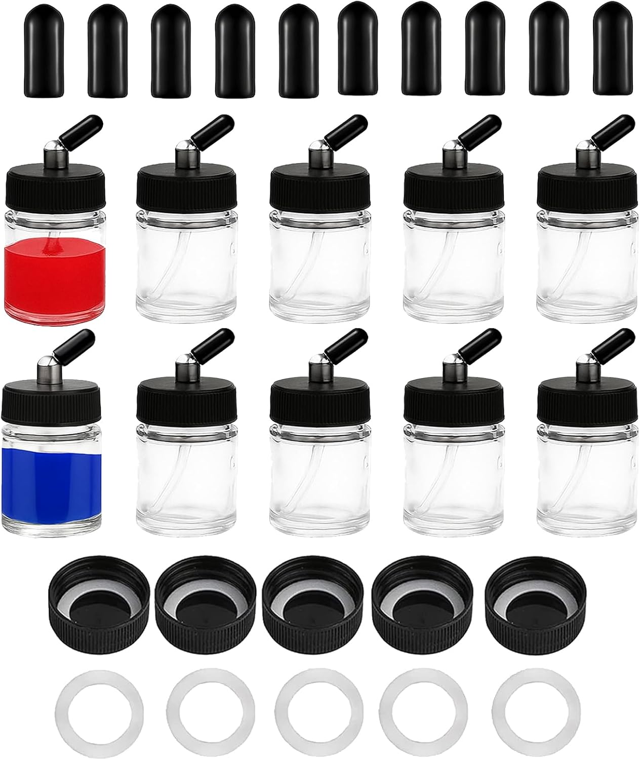 10pcs Airbrush Glass Bottles(60°Down Angle) 3/4oz 22cc with Jar Caps and Extra Lids O-Rings Straws,Airbrush Paint Storage Jars,for Dual Action Airbrush