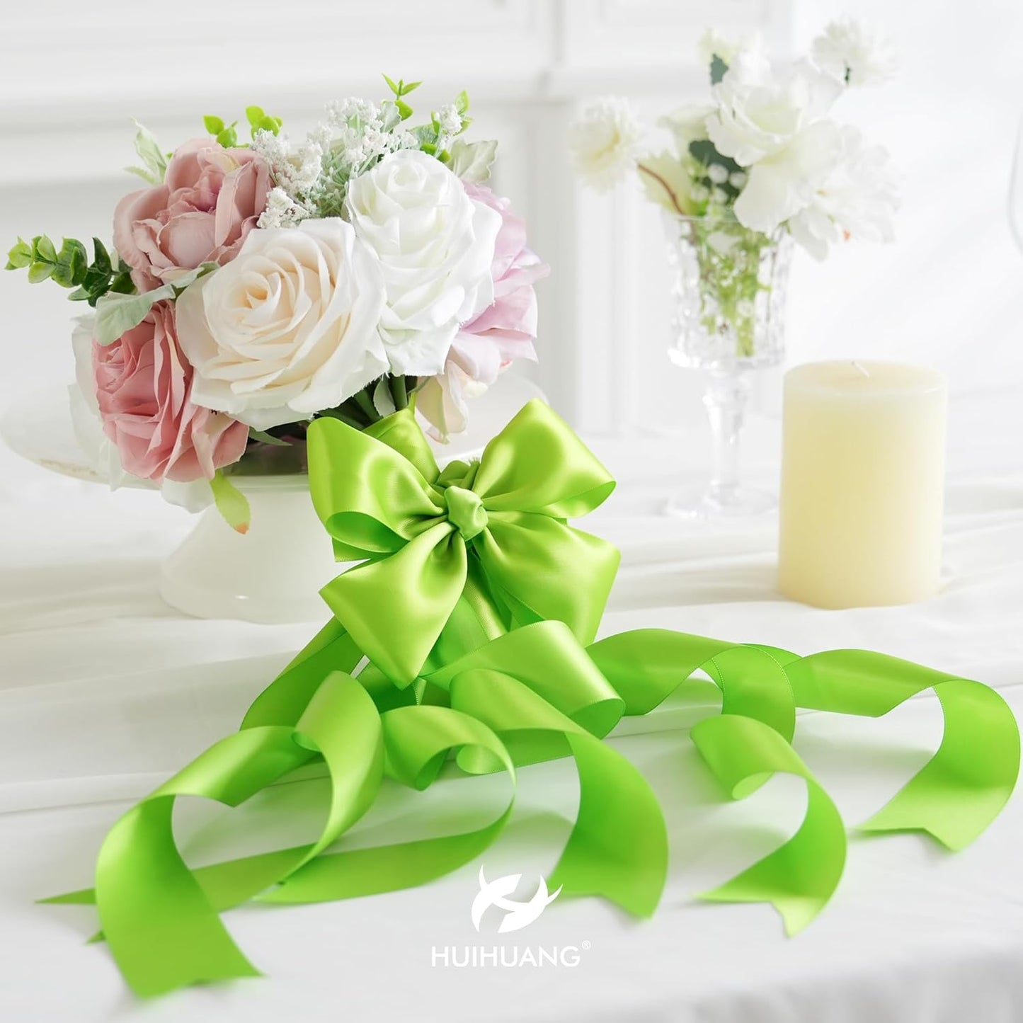 HUIHUANG Lime Green Satin Ribbon - 2 inch Wide, Double Faced, Neon Green for Gift Wrapping, Bows, Bouquets, DIY Crafts, Weddings & Parties - 25 Yards/Roll