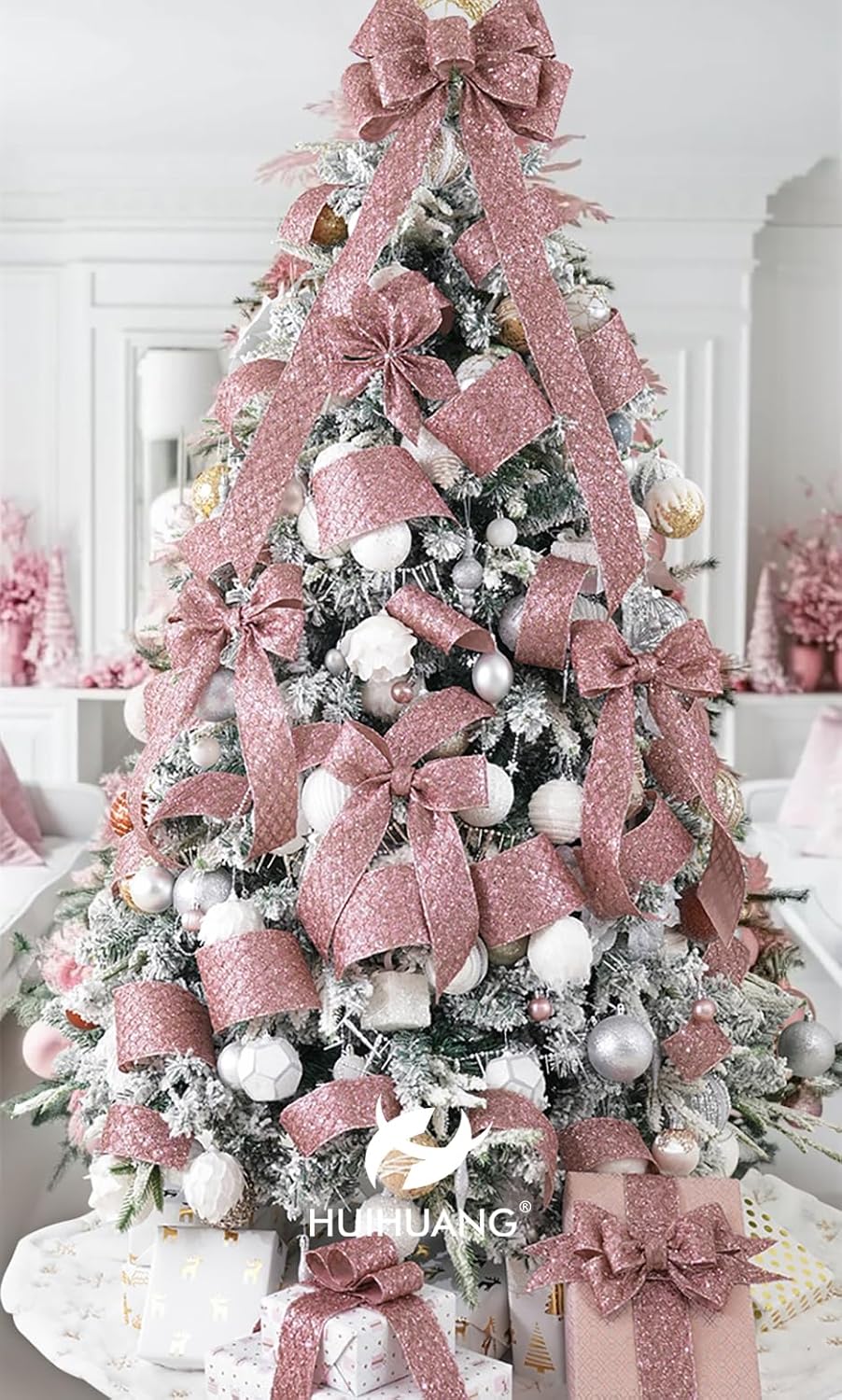 HUIHUANG Rose Gold Christmas Ribbon 4 inch Rose Gold Glitter Wired Ribbon Diamond Mesh Wire Ribbon for X-mas Tree Decorations, Wreaths, Garland, Large Bows Making, Home Decor -10 Yards