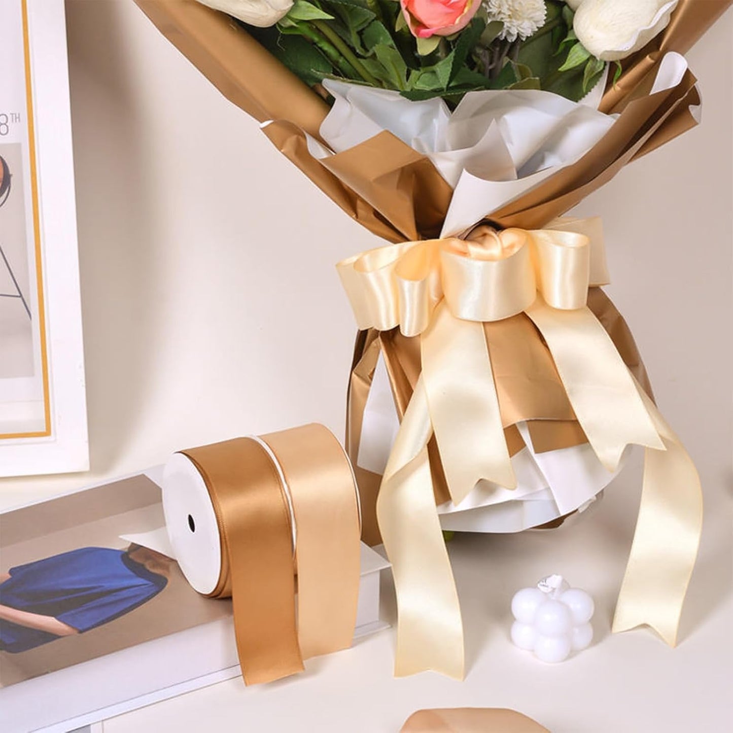 1" x 100 Yards Champagne Polyester Satin Ribbon Single Faced Bulk Fabric Ribbons for Gift Wrapping, Crafting, Bows Making, Flower Bouquet, Wedding, Home Decor