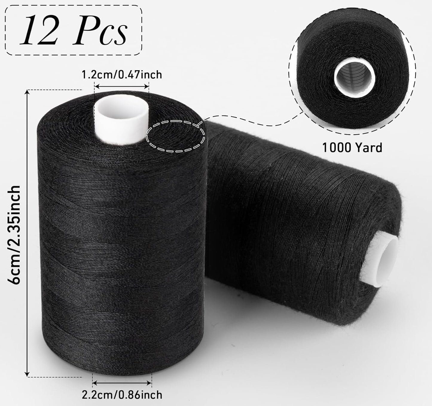 ilauke Sewing Thread, 12 Spools 1000 Yards Each Black Polyester All Purpose Thread, Sewing Machine Supplies fo Beginners/Hand Sewing/Hand Stitching, Quilting