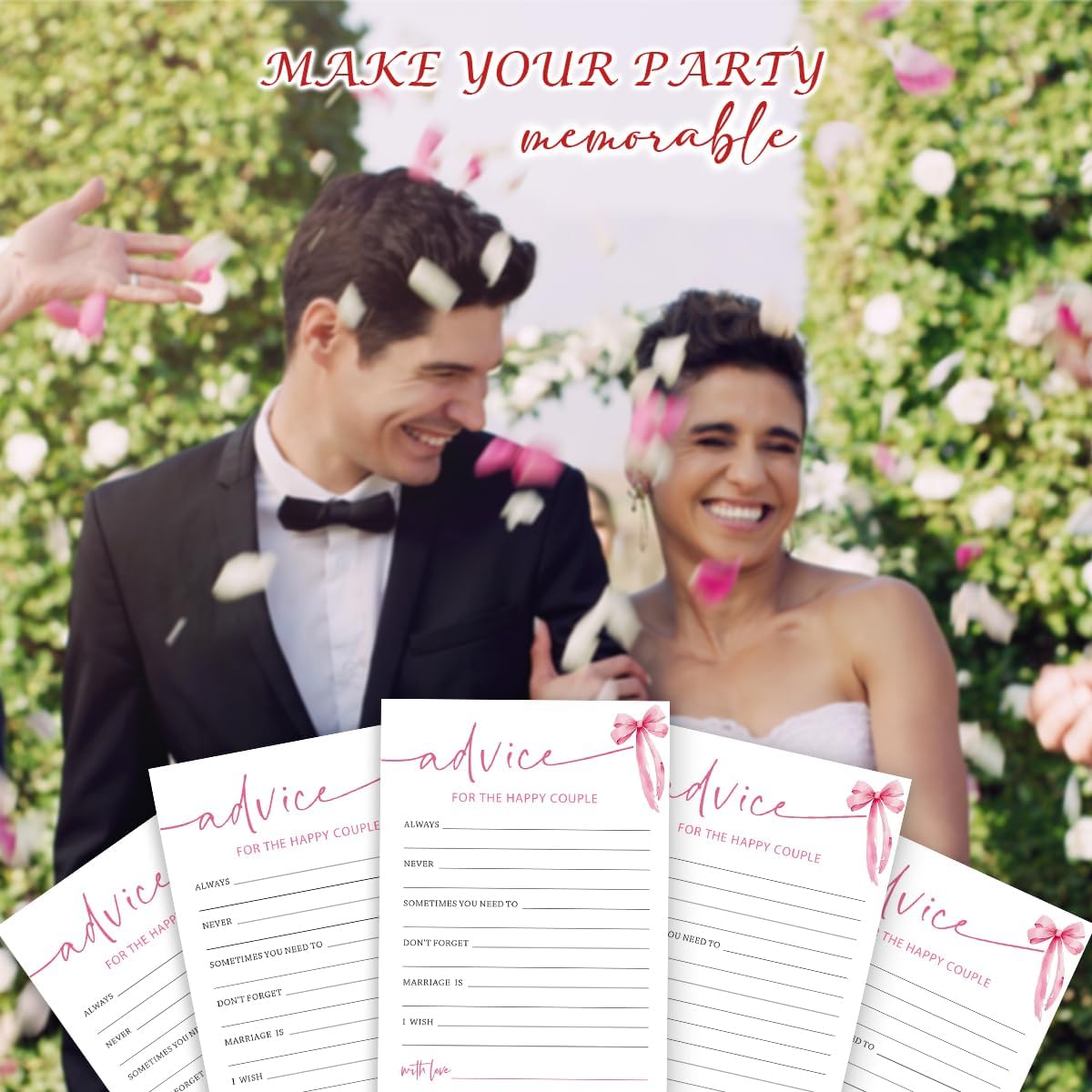 Bridal Shower Games Cards, Advice for The Happy Couple, Bridal Shower Games 25 Guests, Engagement Party Wedding Games for Guests, Pink Ribbon Bow Wedding Party Supplies - E10
