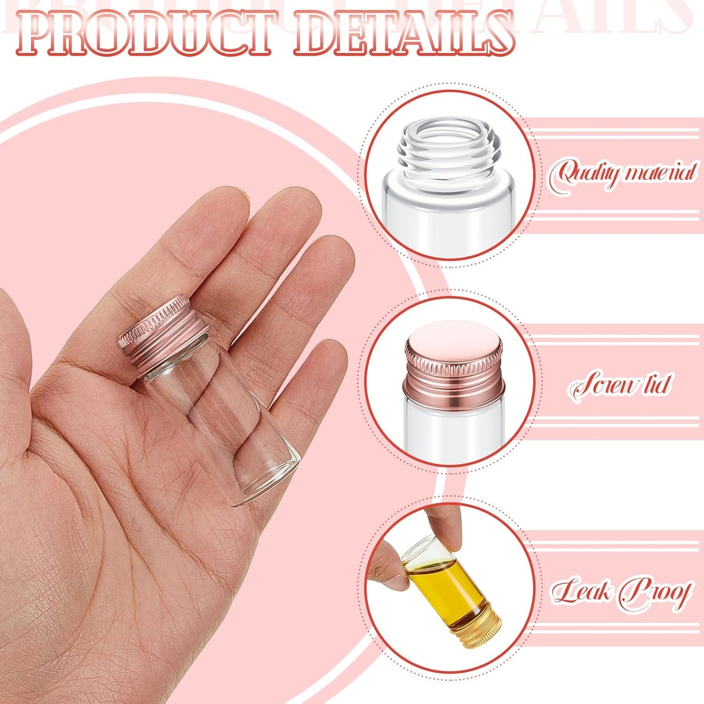 100 Pcs Small Clear Vials Spice Mini Jars with Lids Mini Glass Bottles with Screw Aluminum Metal Caps Tiny Jars Sample Containers for Powder Cream Cosmetic Jewelry Wedding (10 ml,Rose Gold)