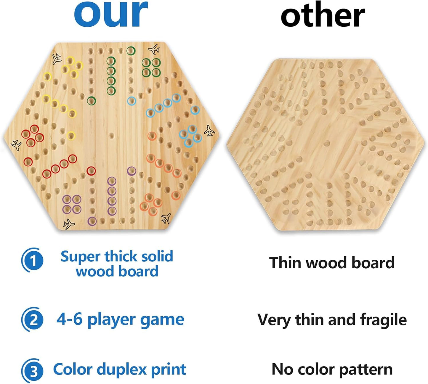 Original Marble Game Wahoo Board Game Double Sided Painted Wooden Fast Track Board Game for Family Friends and Party 6 and 4 Players 6 Colors 24 Marbles 6 Dice