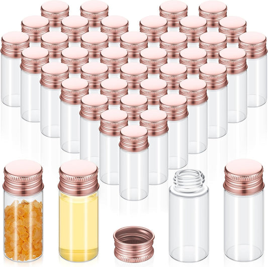 100 Pcs Small Clear Vials Spice Mini Jars with Lids Mini Glass Bottles with Screw Aluminum Metal Caps Tiny Jars Sample Containers for Powder Cream Cosmetic Jewelry Wedding (10 ml,Rose Gold)