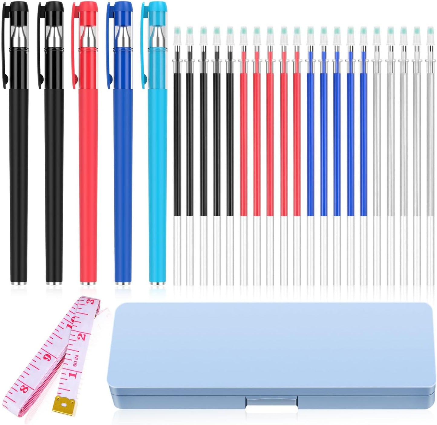 fabric markers for sewing, heat erasable pens for fabric sewing and quilting, 5 pens + 20 refills, embroidery fabric pen, disappearing ink pen for fabric, tailors marking, sewing supplies.