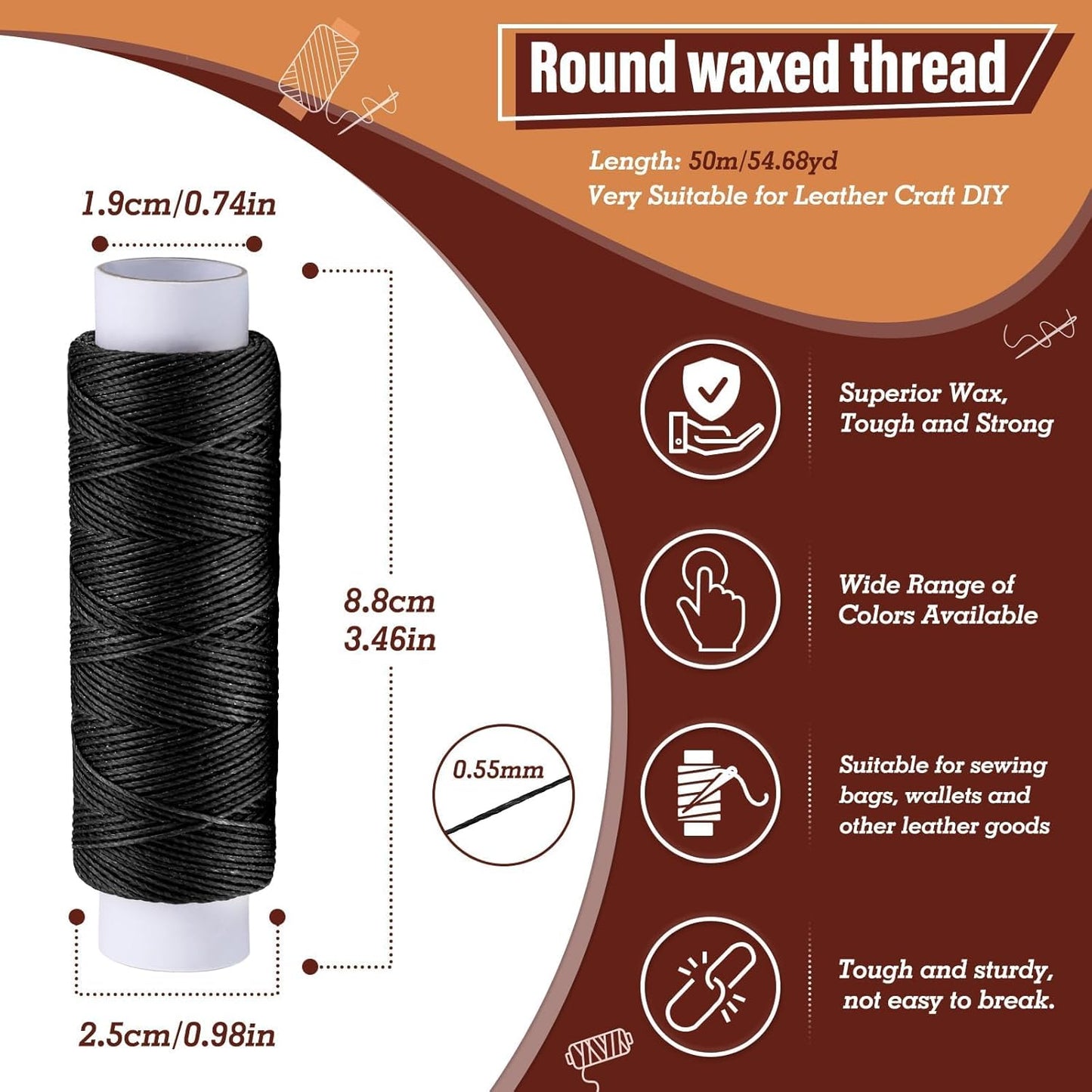 0.55 mm 54 Yards Leather Thread for Sewing, Round Waxed Thread for Stitching, Bookbinding, Bracelet, Braiding (Black)