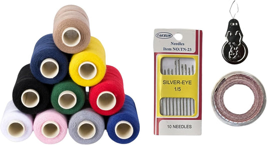 10 Colors Serger Sewing Thread and Tape Measure - 10 Cones Threads of 500 Yards Each Spool | Sewing Clips Quilting Materials Heavy-Duty Sewing Machine Threads and Tape Measure | Lace,Ribbon Yarn