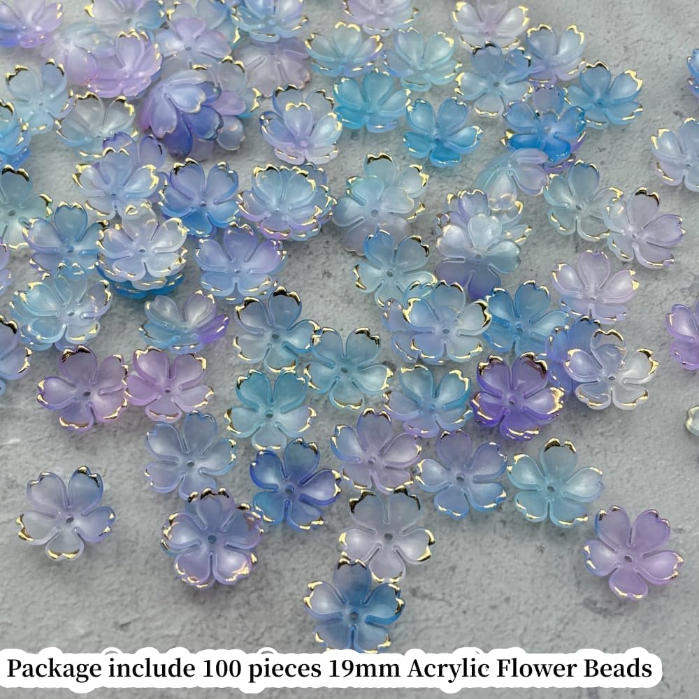 100pcs Acrylic Flower Beads, 19mm Cherry Blossom Plastic Gradient Flower Spacer Beads for DIY Crafts Bracelet Necklace Earrings Jewelry Making(Blue Purple)
