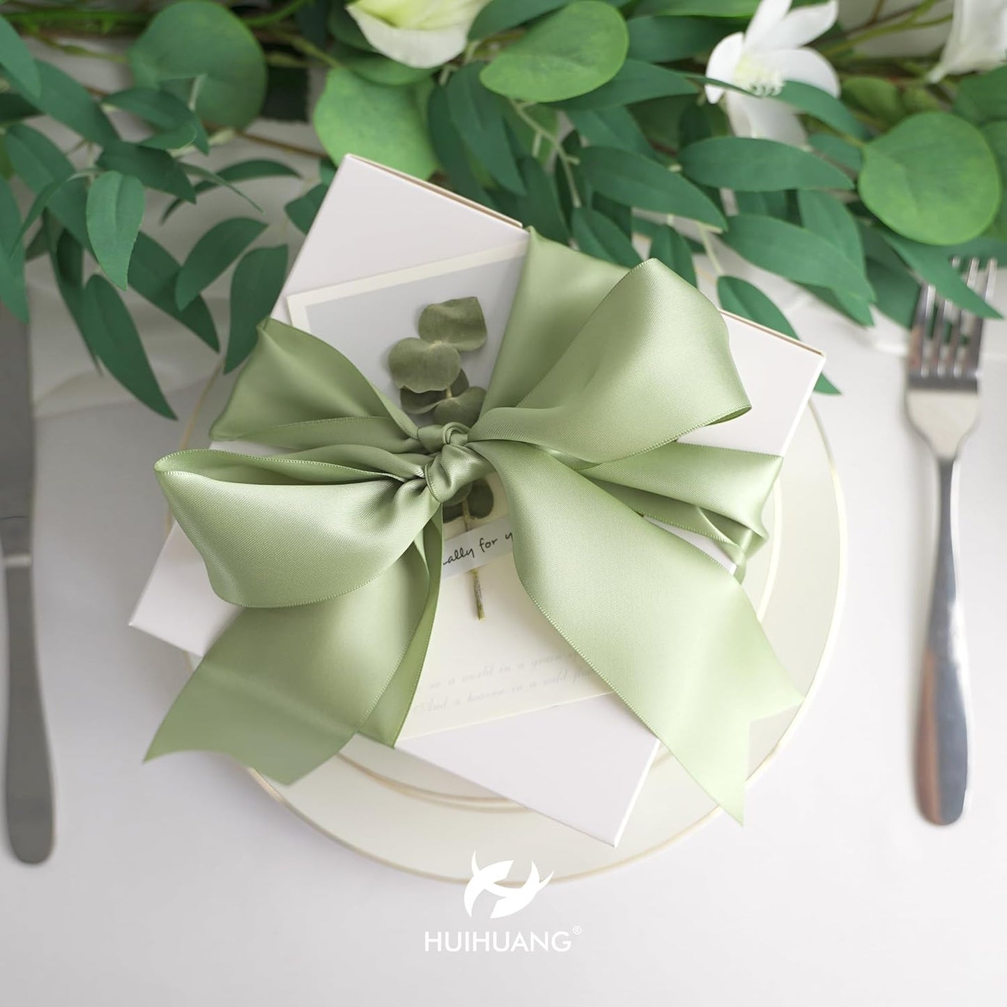 HUIHUANG Sage Green Satin Ribbon - 25 Yards/Roll for Flower Bouquets, Wedding Invitations, Gift Wrapping, Holiday Decor, Hair Bows