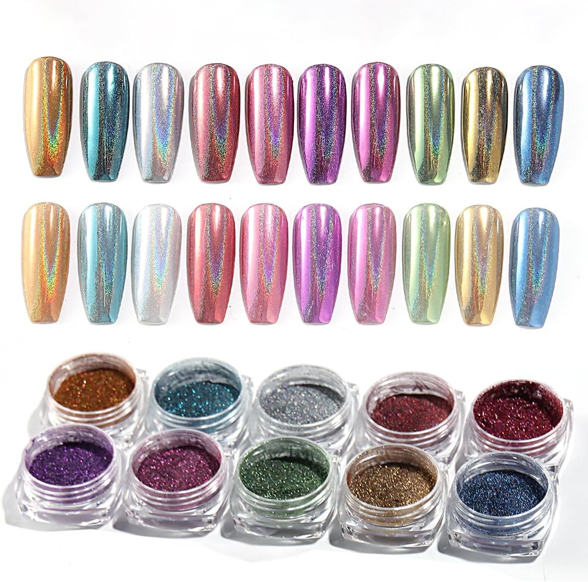 10 Colors Holographic Nail Powder, Holo Aurora Iridescent Metallic Mirror Laser Effect Chrome Pigment Glitter Dust for Salon Home Nail Art DIY Decorations