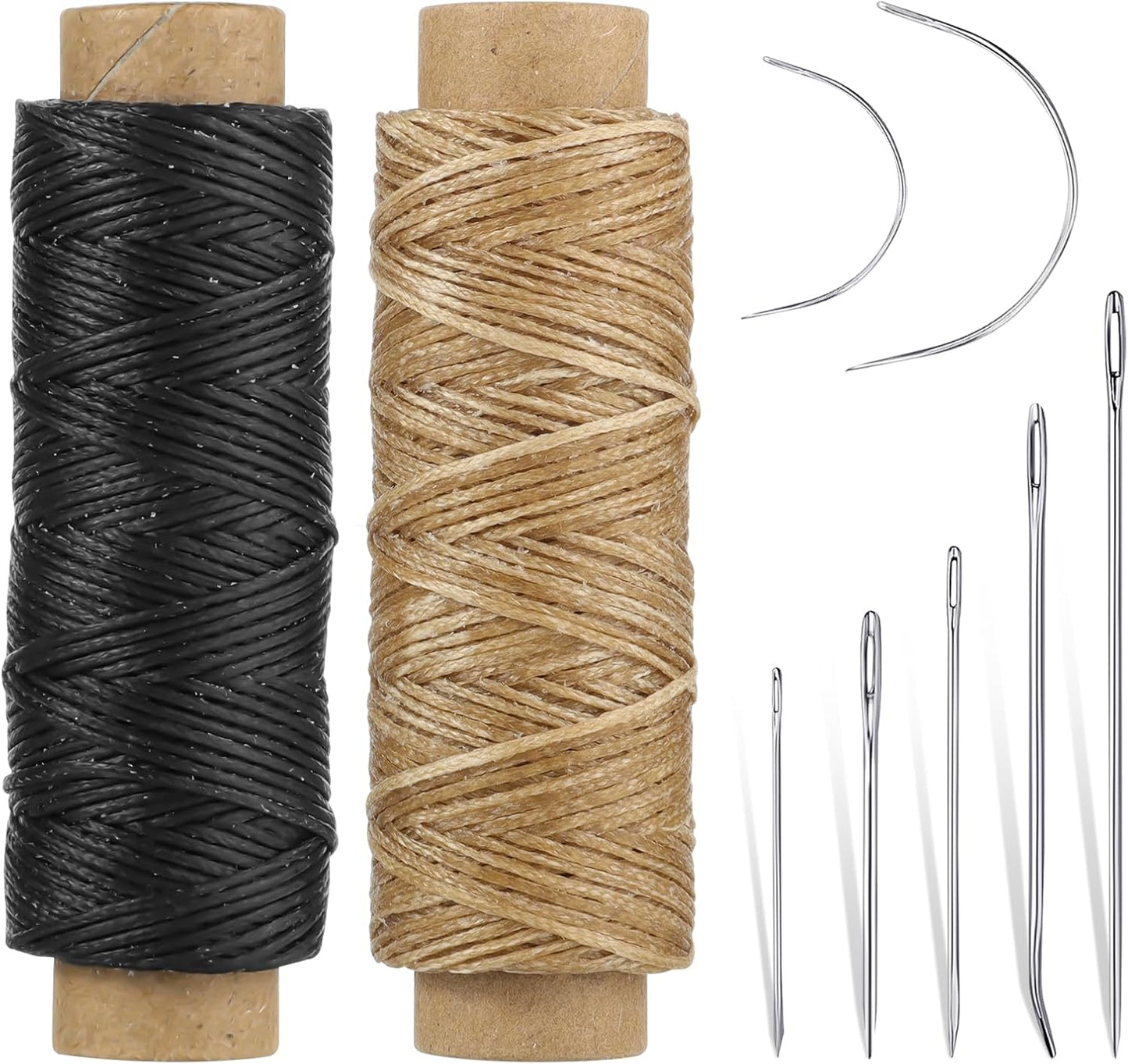 110Yards Waxed Thread with 7 Pcs Leather Needles for Hand Sewing 150D Flat Sewing Waxed Thread Leather Repair Needles for Sewing Upholstery Leather Canvas Bags Sofa Furniture（Black+Khaki）