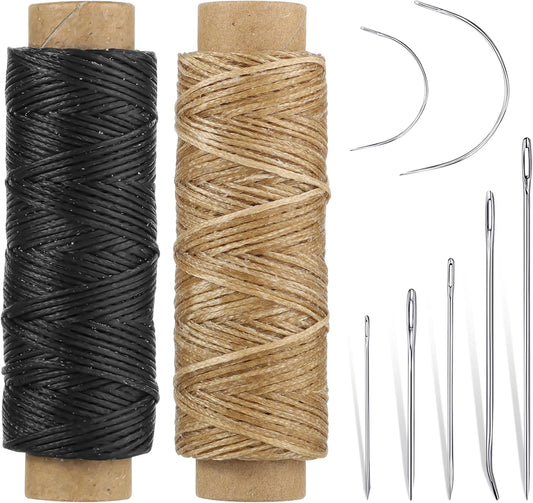 110Yards Waxed Thread with 7 Pcs Leather Needles for Hand Sewing 150D Flat Sewing Waxed Thread Leather Repair Needles for Sewing Upholstery Leather Canvas Bags Sofa Furniture（Black+Khaki）