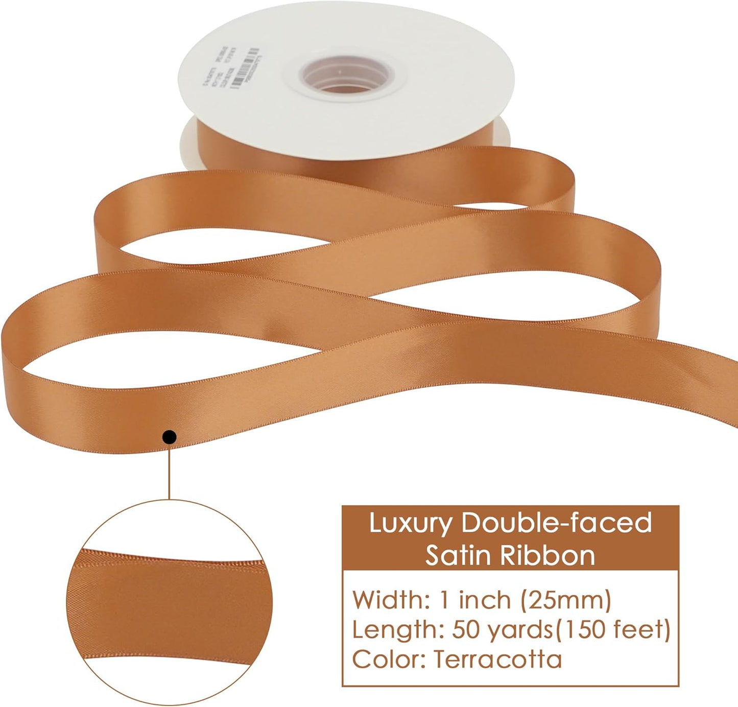 HUIHUANG Terracotta Satin Ribbon 1 Double-Faced Satin Ribbon 50 Yards Terracotta Silk Wedding Ribbon for Gift Wrapping, Flower Bouquet, Invitations, Holiday Decor, Hairs, Bows Making