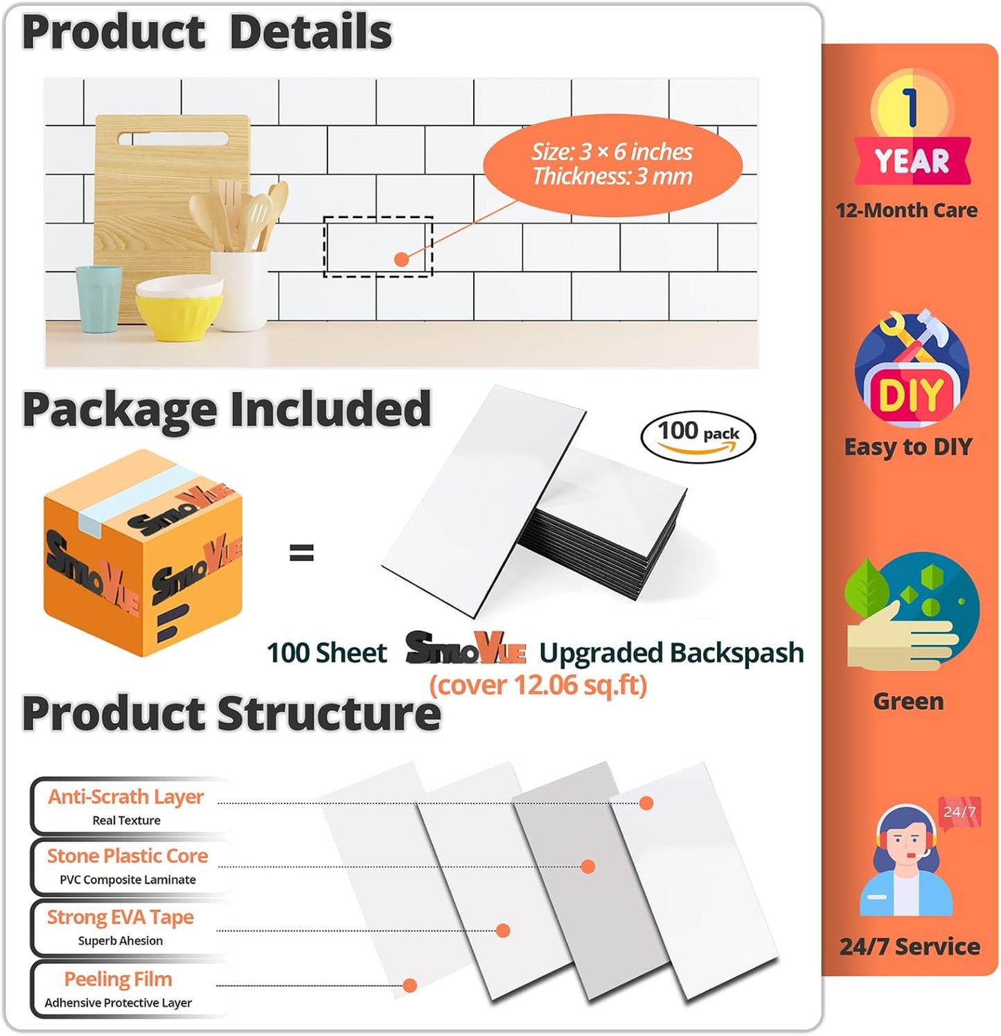 100 Pieces Peel and Stick Backsplash for Kitchen, 3" x 6" PVC Subway Tile 2025 Upgraded Glossy White with Dark Gray Grout Backsplash Stick on Tile Elevate Kitchen, Bathroom, Fireplace,RV