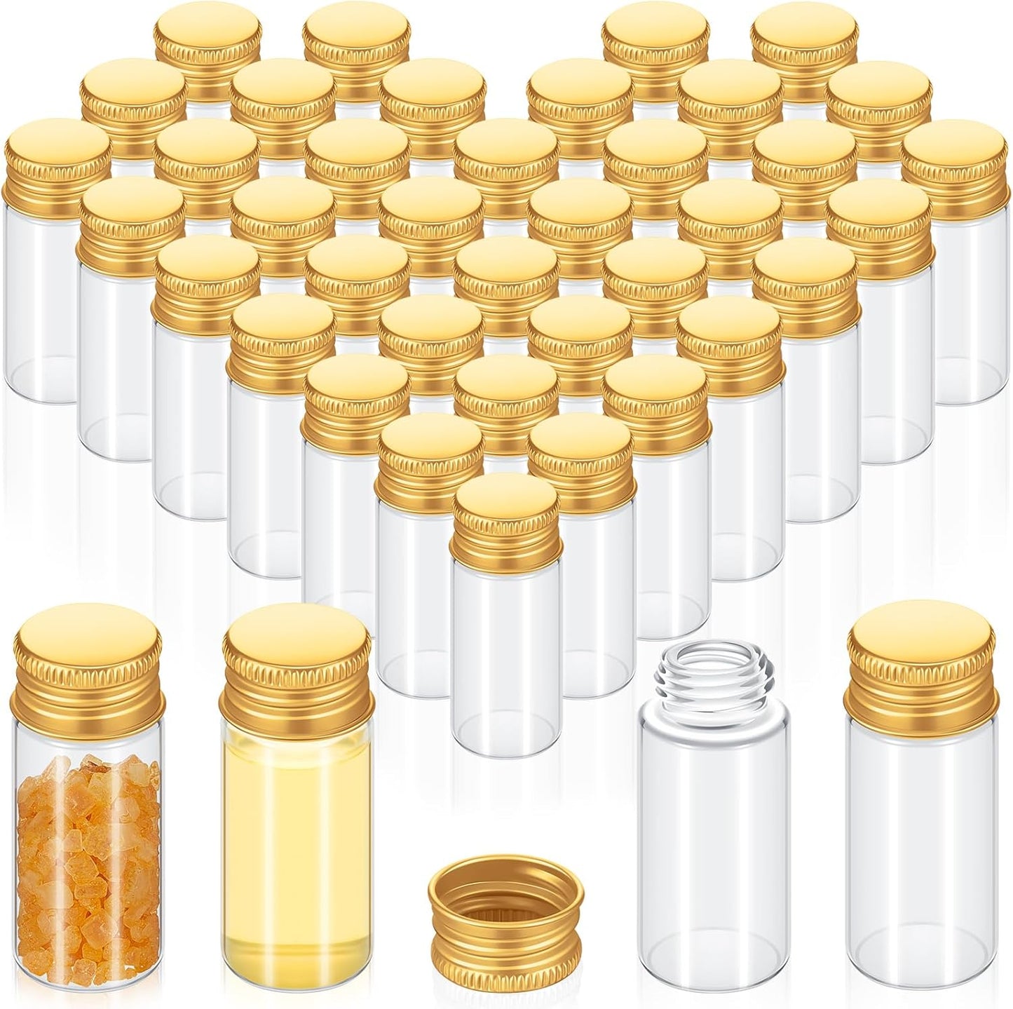 100 Pcs Small Clear Vials Spice Mini Jars with Lids Mini Glass Bottles with Screw Aluminum Metal Caps Tiny Jars Sample Containers for Powder Cream Cosmetic Jewelry Wedding(10 ml,Gold Caps)