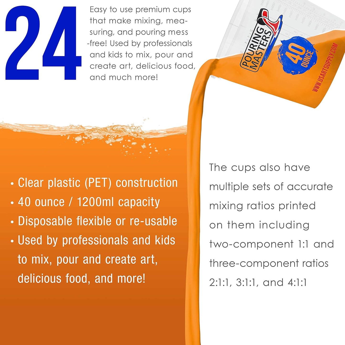 Pouring Masters 40 Ounce (1200ml) Graduated Plastic Mixing Cups (Box of 24) - Paint Mixing Cups for Epoxy Resin, Art, Kitchen, Baking - Measurements in OZ and ML, 4 Different Measuring Ratios 1:1