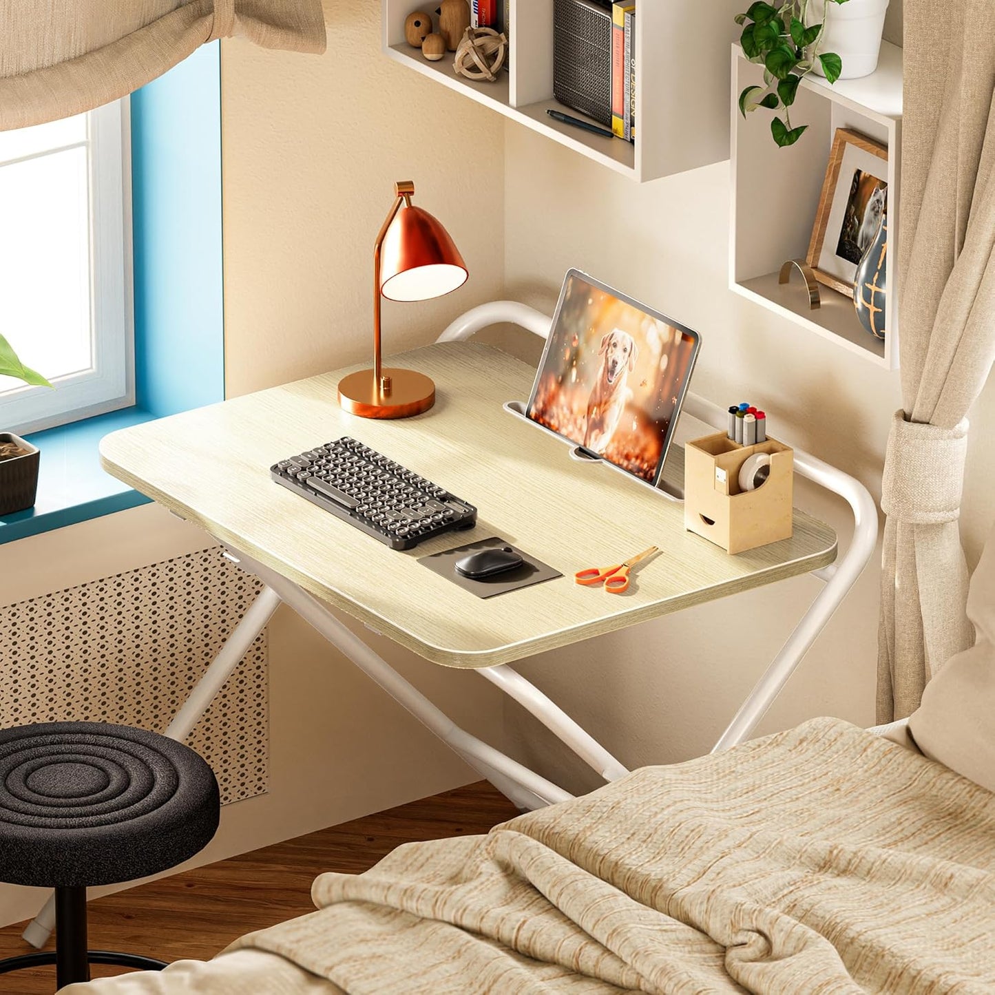 Huuger Folding Desk with 3-Level Adjustable Height and Tablet Slot, 24 Inch Foldable Computer Desk for Small Spaces, Space Saving, Writing Work Table for Home Office, Bedroom, Study, Oak