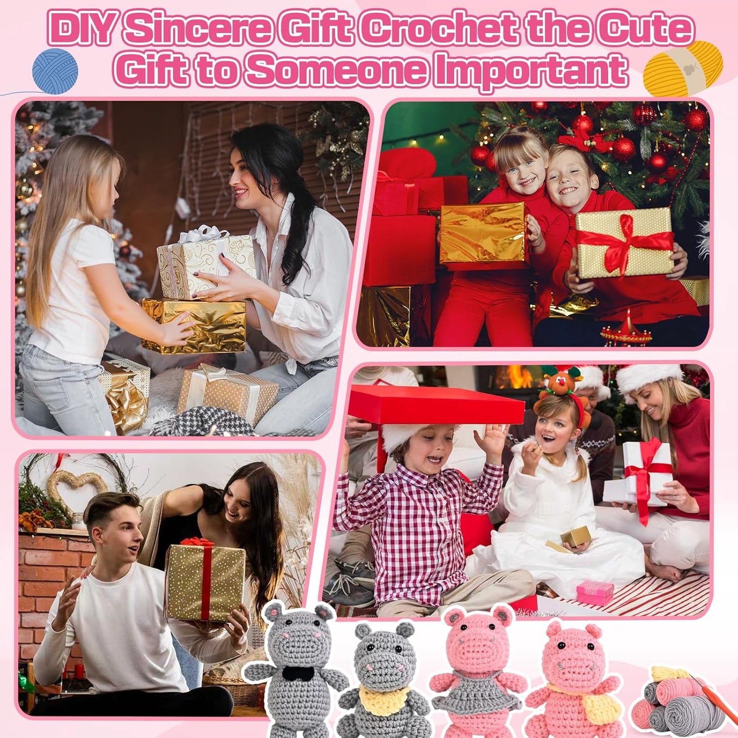 DetFinns Crochet Kit for Beginners, Crochet Starter Kits with Step-by-Step Video Tutorials, DIY Craft Kits Amigurumi Knitting Supplies, Cute Hippo (40%+ Yarn)