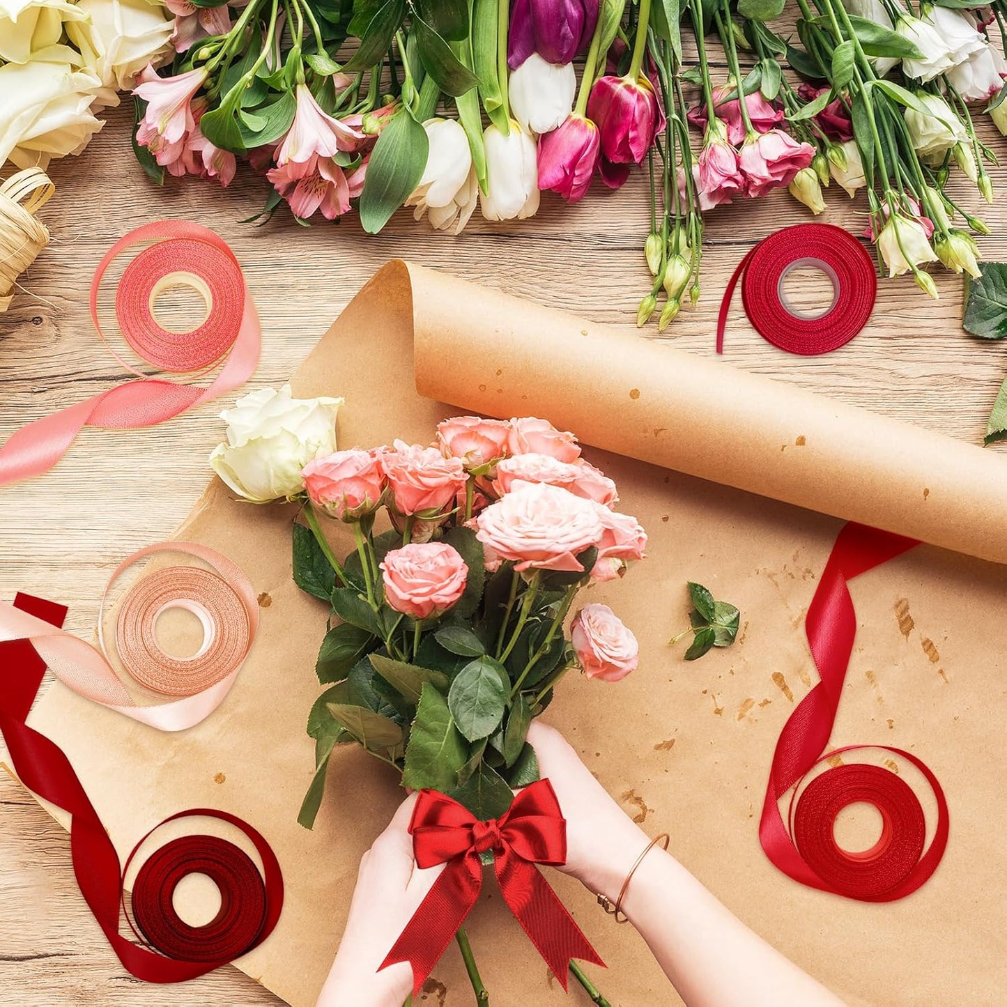 1 Inch Red Satin Ribbons for Crafts, 6 Rolls Single-Faced Red Assorted Ribbons for Gift Wrapping Flower Bouquet Wedding Invitations Bridal Shower Hair Bows Garland Party Decor