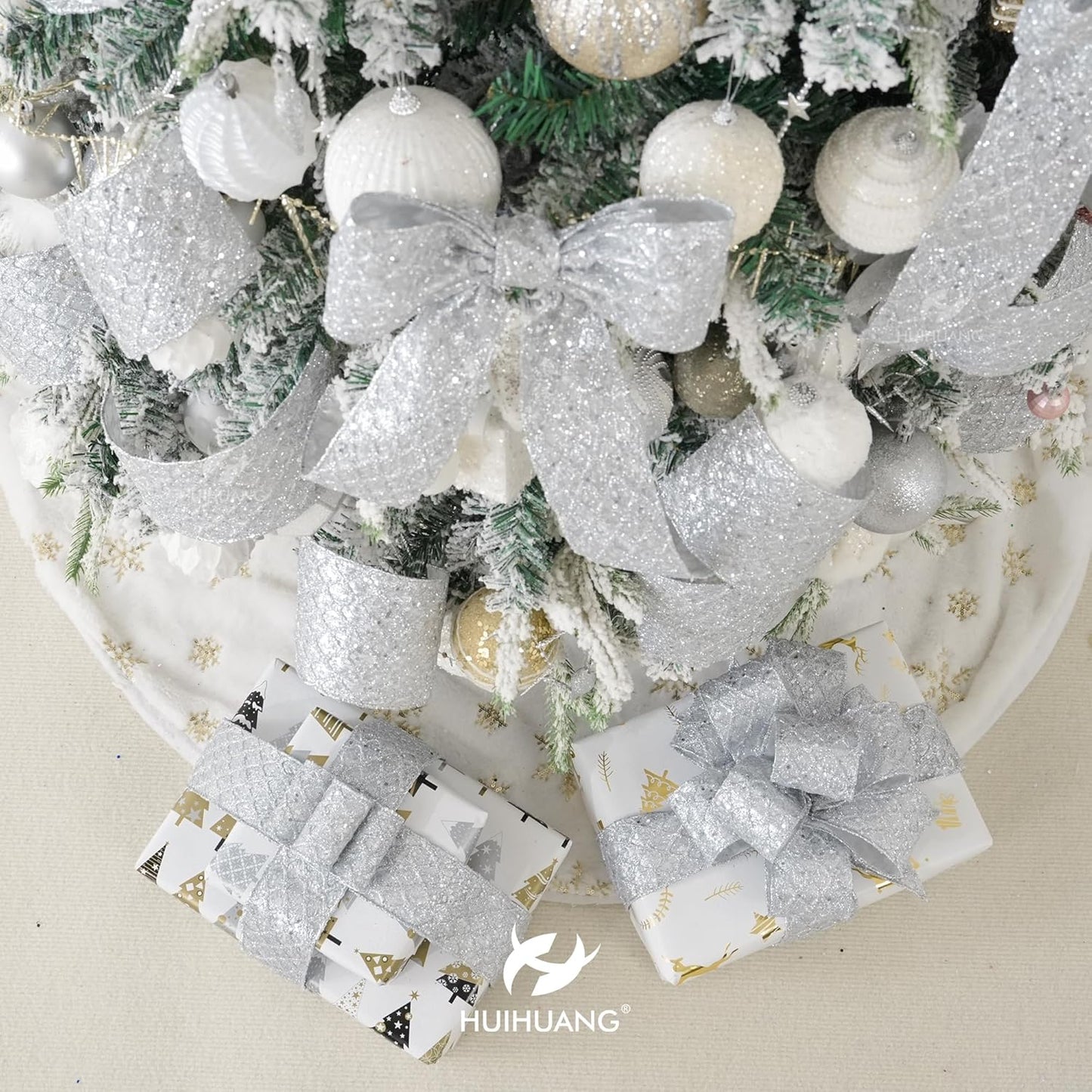 HUIHUANG Silver Christmas Ribbon 4 inch Silver Glitter Wired Ribbon Diamond Mesh Wire Ribbon for X-mas Tree Decorations, Wreaths, Garland, Large Bows Making, Home Decor -10 Yards