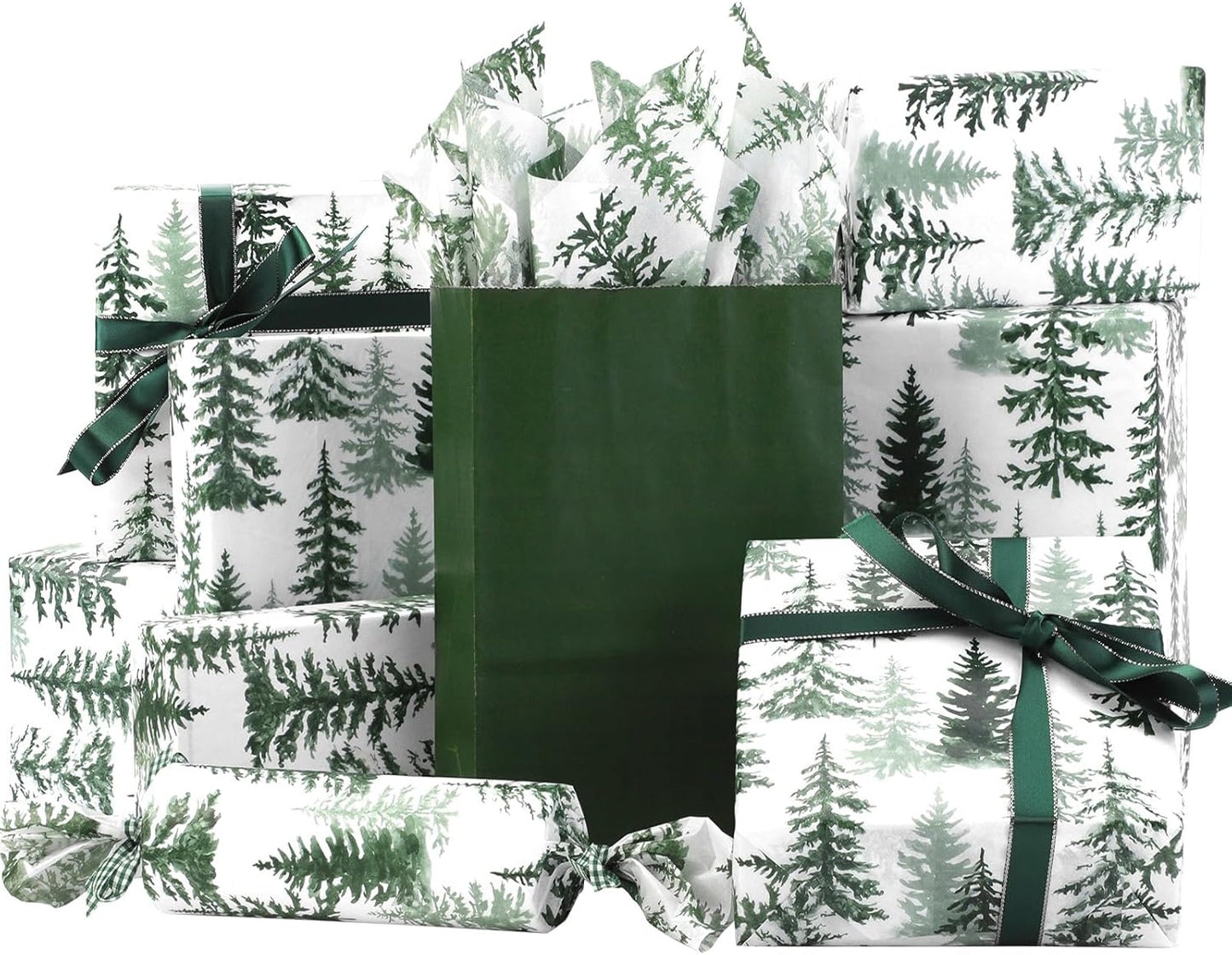 100 Sheets Christmas Tree Tissue Paper, 20x14in Forest Style Wrapping Tissue Watercolor Xmas Tree Art Tissue for Xmas Party Gift Bag Fillers Winter Party Decor (Green)