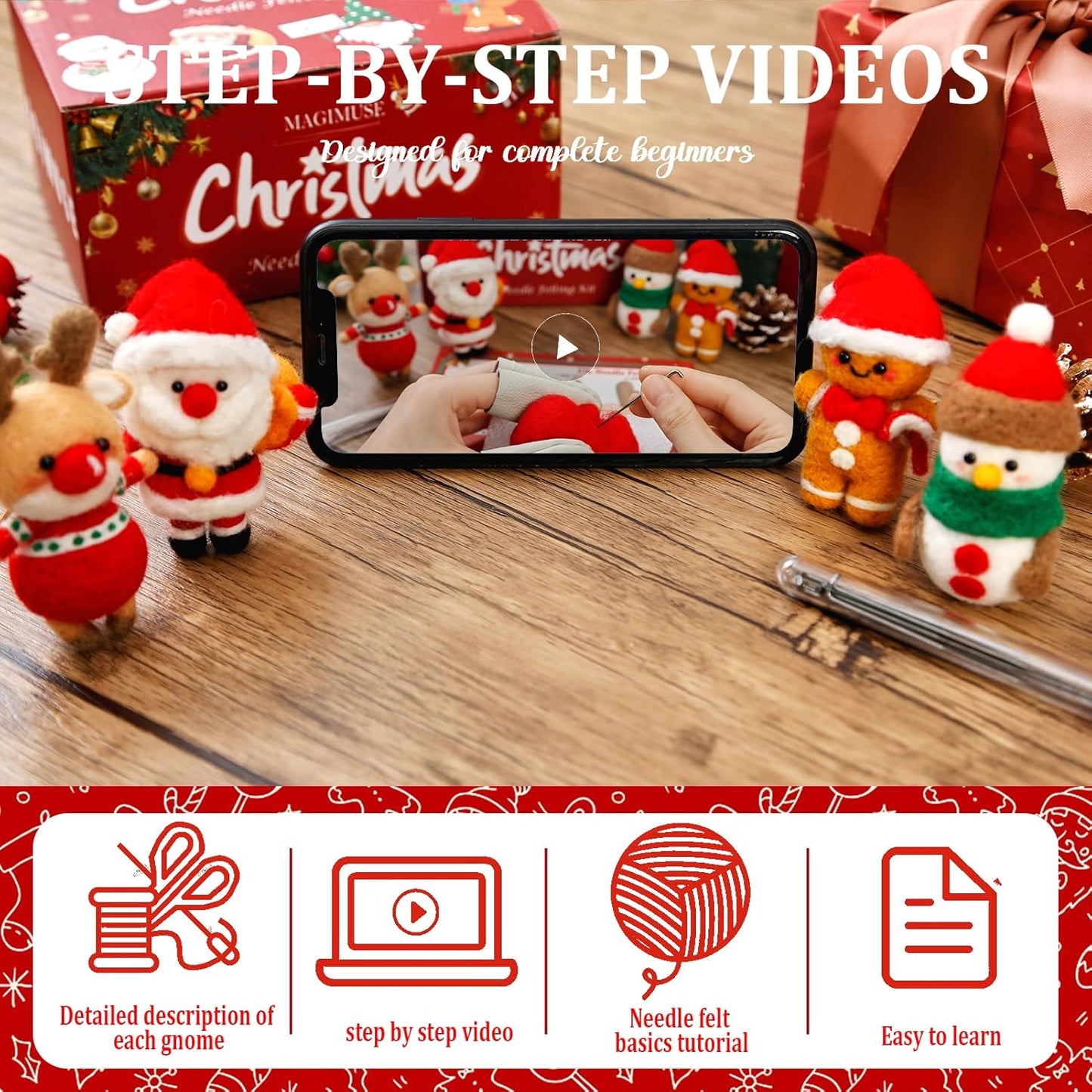 MAGIMUSE Needle Felting Kit, Needle Felting Starter Kit with Basic Felt Tools, Christmas Needle Felting Kit for Beginners, DIY Wool Needle Felting Supplies for Christmas Festival Crafts