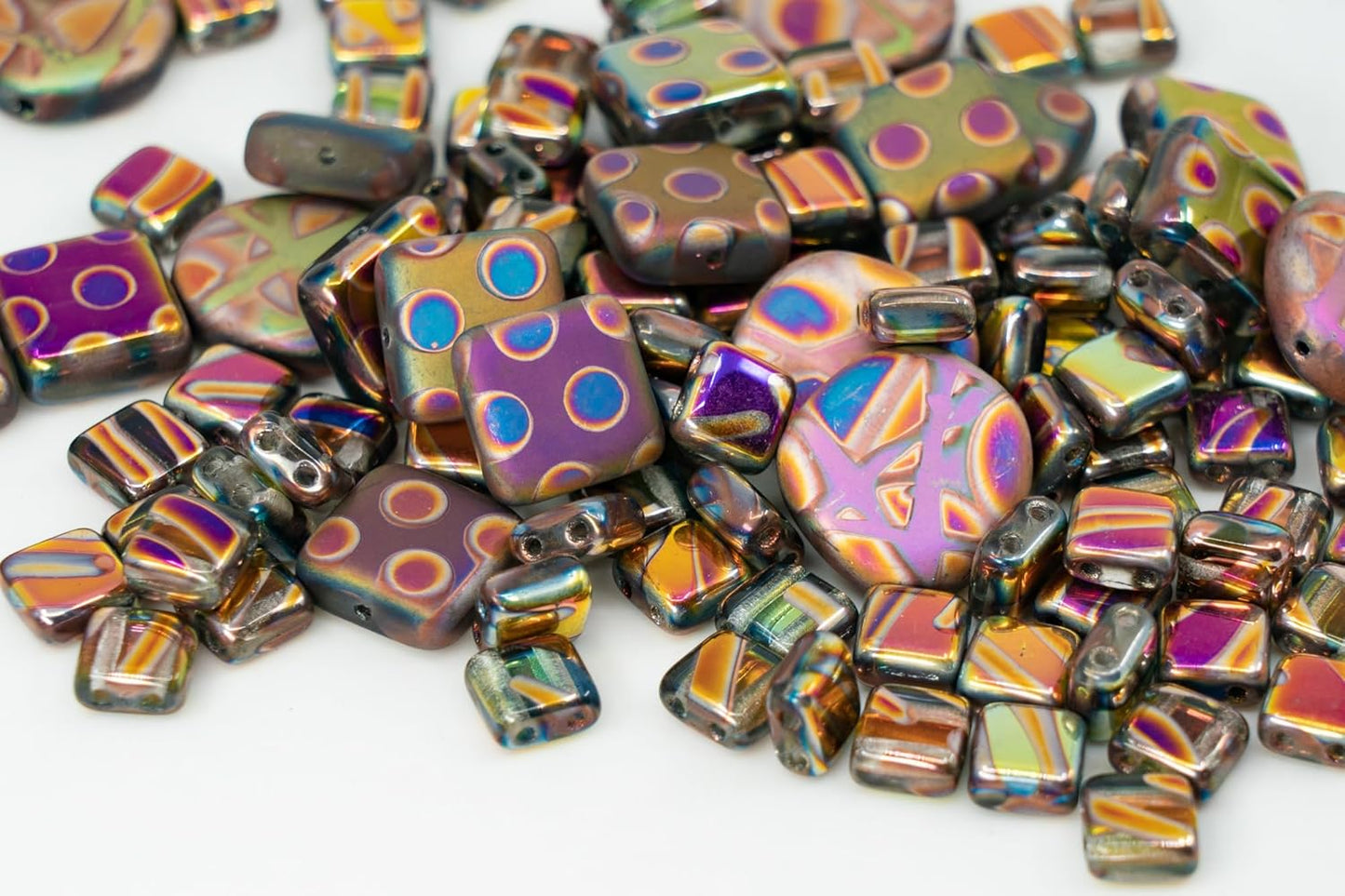 1.75 oz (50g) Mix of Unique Czech Bohemia Glass Pressed Beads, Violet Pink Vitrail Sliperit, Patterned, Matte and Glossy, Hand Made BCV