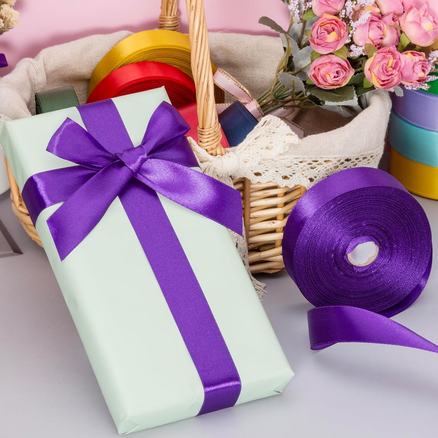 1 Inch Purple Solid Satin Ribbon, 50 Yards Craft Fabric Ribbon for Gift Wrapping Floral Bouquets Wedding Party Decoration