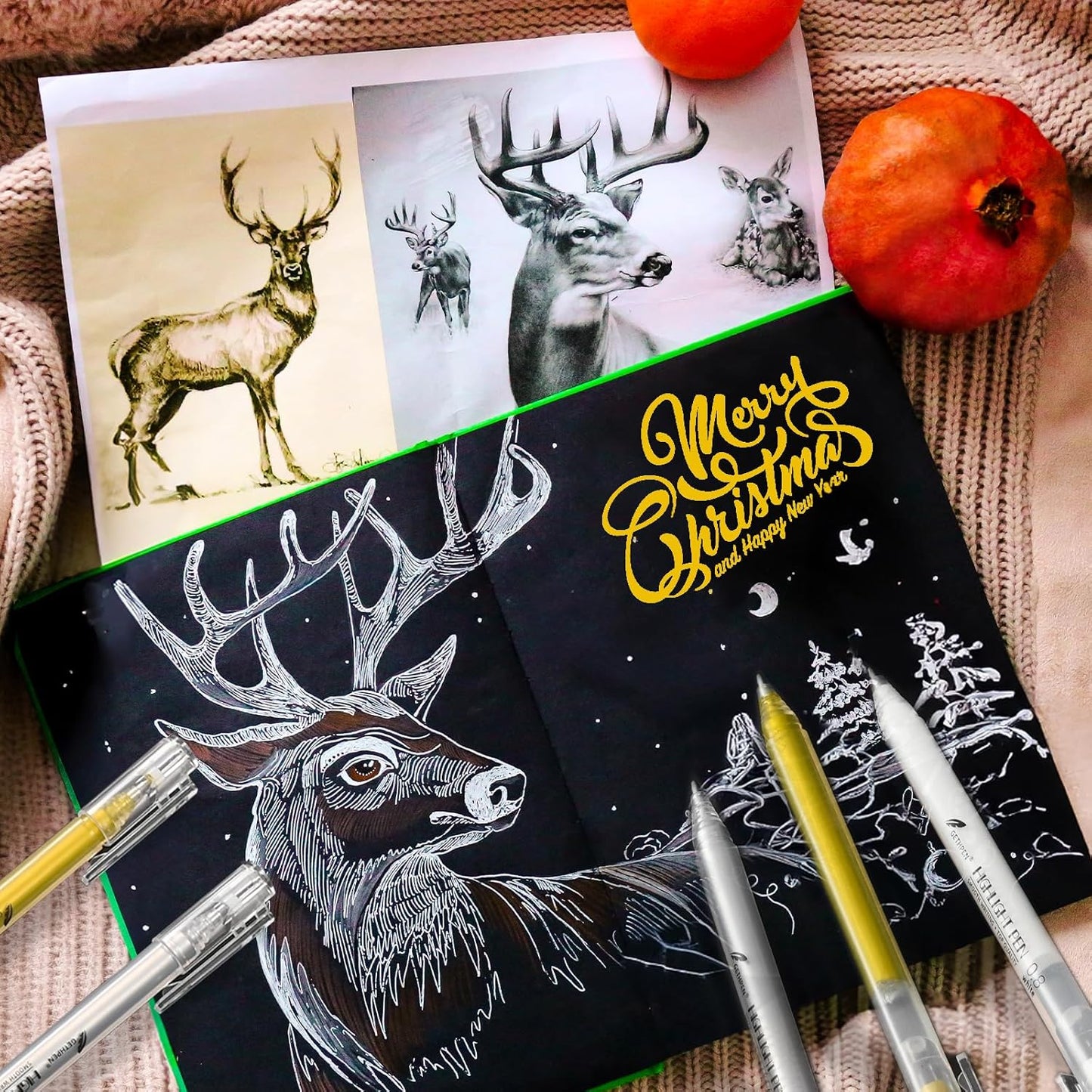 0.8mm Extra Fine Point 3 Colors Gel Pen Set White,Gold and Silver Gel Ink Pens for Artists Drawing on Black Paper, Sketching, Bullet Journaling & Holiday Crafts