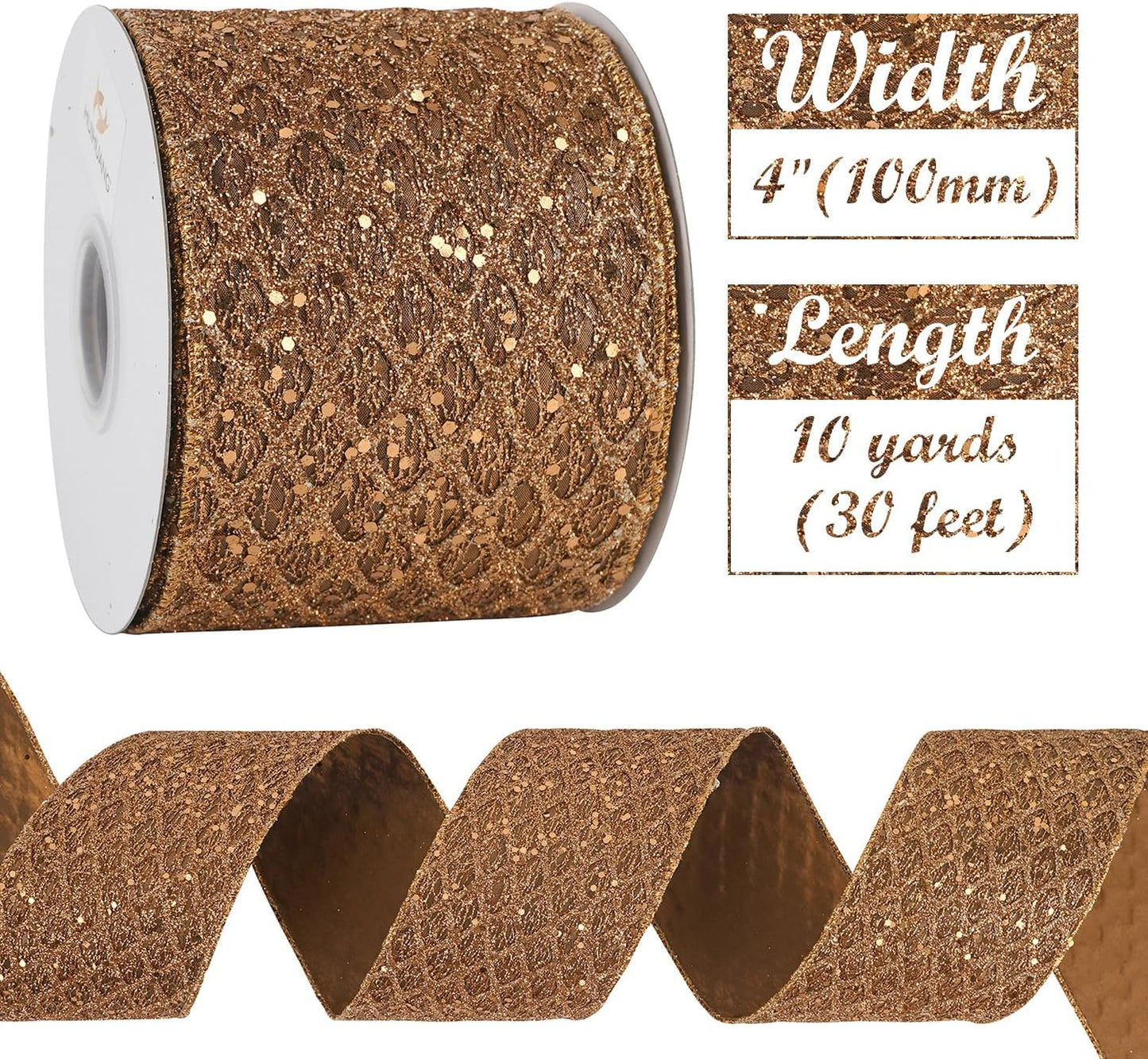 HUIHUANG Copper Wired Ribbon 4 inch Glitter Christmas Wired Ribbon Diamond Mesh Wire Ribbon for X-mas Tree Decorations, Wreaths, Garland, Large Bows Making, Thanksgiving Fall Decor -10 Yards