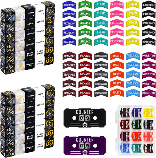 122PCS MTG Keyword Tokens & Dice & Life Counter Set for MTG Accessories, Health Tracker Life Counter Bulk Ability MTG Dice Set, Compatible with TCG CCG Magic Card Gaming Accessories