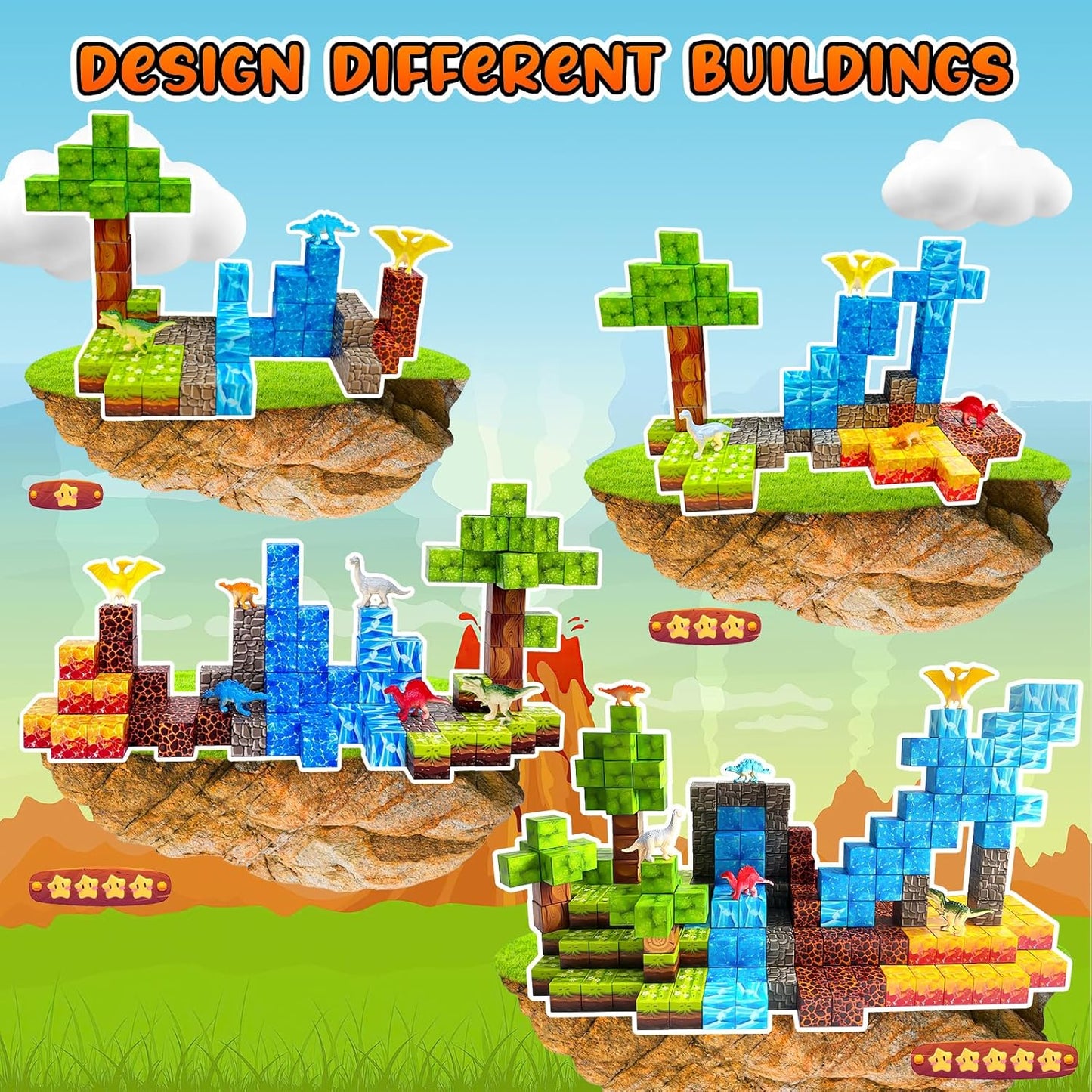 100PCS Dinosaur Magnetic Blocks for Kids: 1" Magnetic Building Blocks for Kids Ages 4-8 8-12, Magnet Cubes Sensory STEM Stacking Toys for Boys & Girls,Christmas Birthday Gifts for Toddler Ages 3+