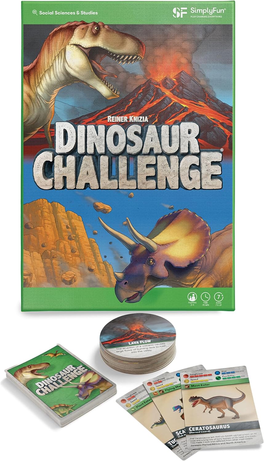 SimplyFun Dinosaur Challenge - Learn About Dinosaurs and Situational Analysis - Engaging and Educational Kids Card Game - 2 to 4 Players - Ages 7 & Up