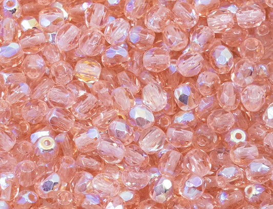 100 pcs of Faceted Fire Polished Pressed Czech Glass Beads 4mm (0.16in), 70120-28701 Pink Rosaline AB
