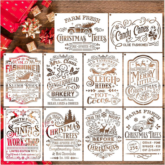 10 Pieces Christmas Stencils Reusable, 8 X 11 Inch Holiday Farm Fresh Christmas Tree Stencils for Painting on Wood Sign Windown DIY Crafts Fabric Canvas Winter Decor (10pcs A4 chrismtas-Old)